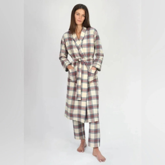 Sleepy Jones Marianne Brushed Cotton Twill Plaid Robe in Camel - Picture 1 of 8